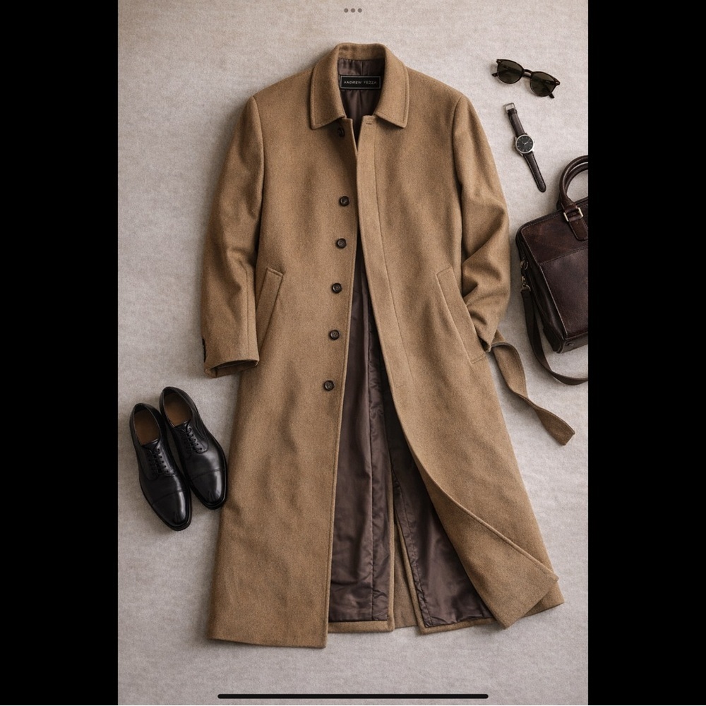 Andrew Fezza Cashmere Blend Coat Camel Long Overcoat L-54 Luxury Classic XXL